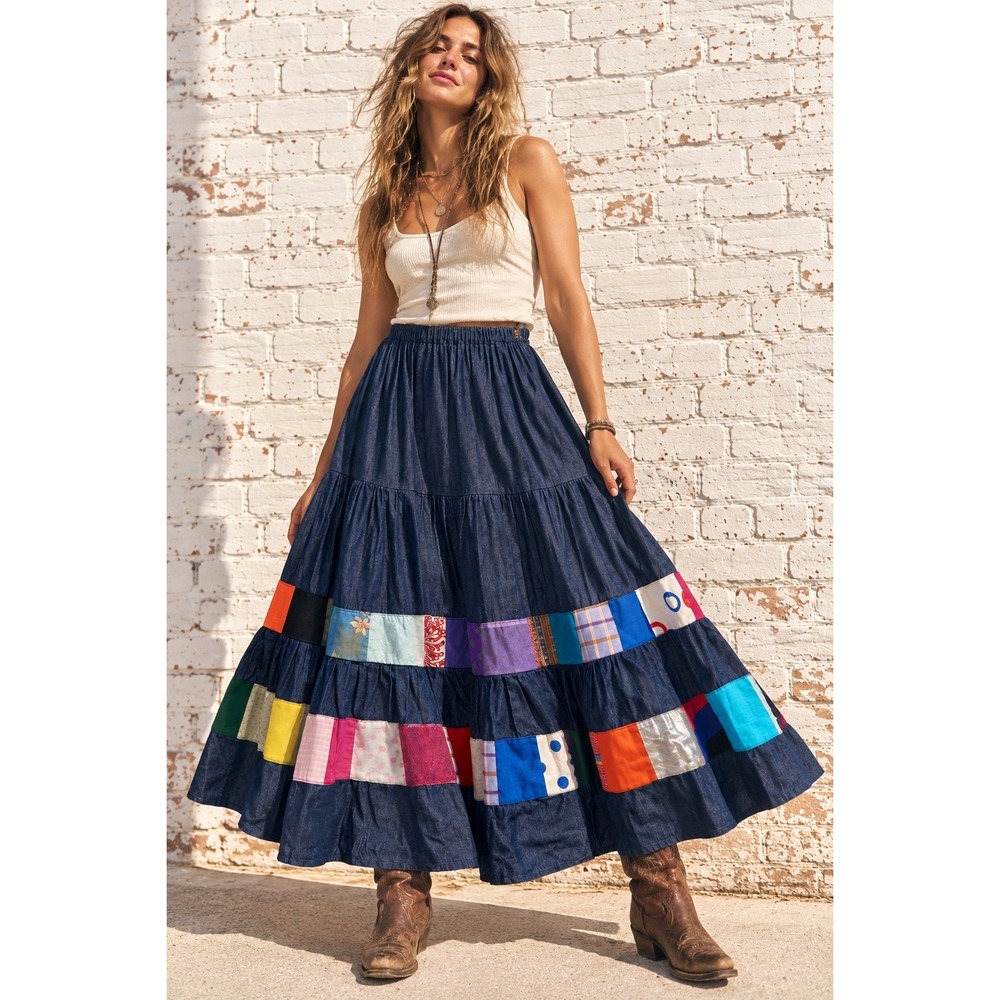 Vintage Handmade Blue Denim Patchwork Tiered Maxi Skirt Maximalist Hippie S/M